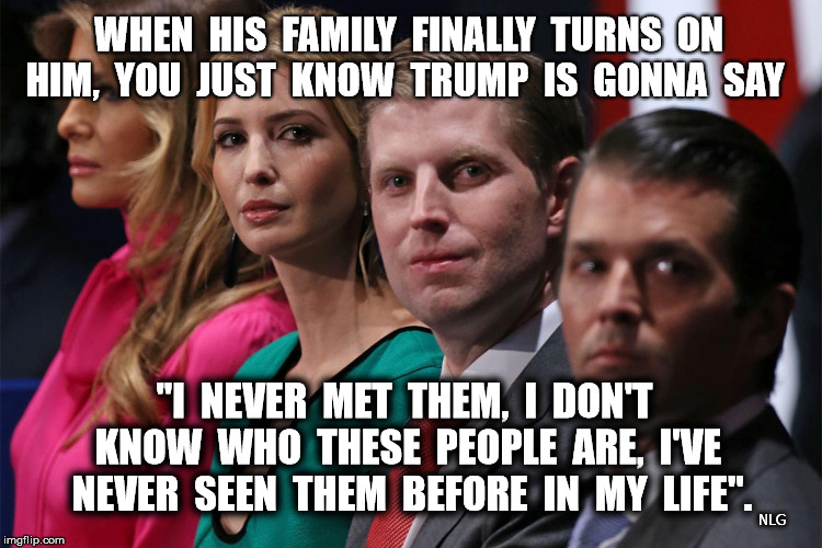 trump family values | WHEN  HIS  FAMILY  FINALLY  TURNS  ON  HIM,  YOU  JUST  KNOW  TRUMP  IS  GONNA  SAY; "I  NEVER  MET  THEM,  I  DON'T  KNOW  WHO  THESE  PEOPLE  ARE,  I'VE  NEVER  SEEN  THEM  BEFORE  IN  MY  LIFE". NLG | image tagged in politics | made w/ Imgflip meme maker
