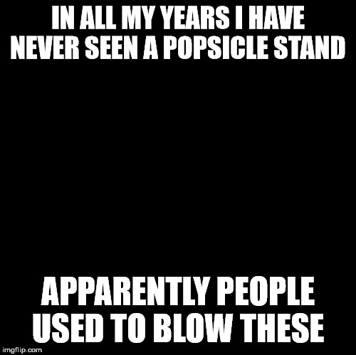 Blank | IN ALL MY YEARS I HAVE NEVER SEEN A POPSICLE STAND; APPARENTLY PEOPLE USED TO BLOW THESE | image tagged in blank | made w/ Imgflip meme maker
