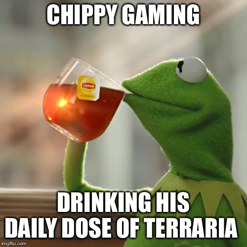 A cup of terrarian tea ? | CHIPPY GAMING; DRINKING HIS DAILY DOSE OF TERRARIA | image tagged in memes,but thats none of my business,kermit the frog,terraria | made w/ Imgflip meme maker