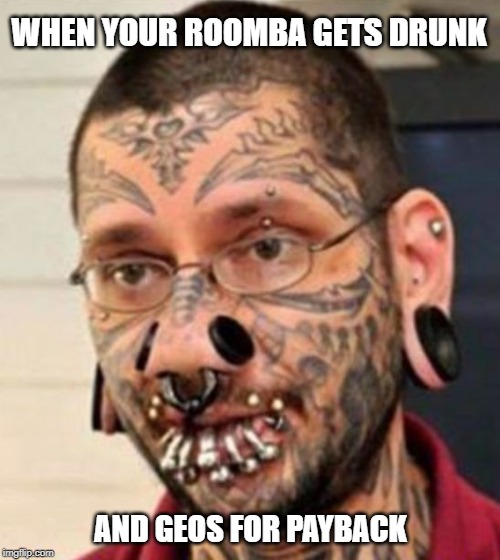 Tattoos | WHEN YOUR ROOMBA GETS DRUNK; AND GEOS FOR PAYBACK | image tagged in tattoos and pierings,tattoos,roomba,memes,drunk,payback | made w/ Imgflip meme maker
