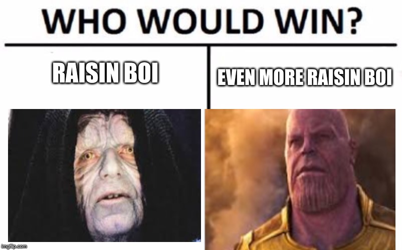 Who Would Win? Meme | RAISIN BOI; EVEN MORE RAISIN BOI | image tagged in memes,who would win | made w/ Imgflip meme maker