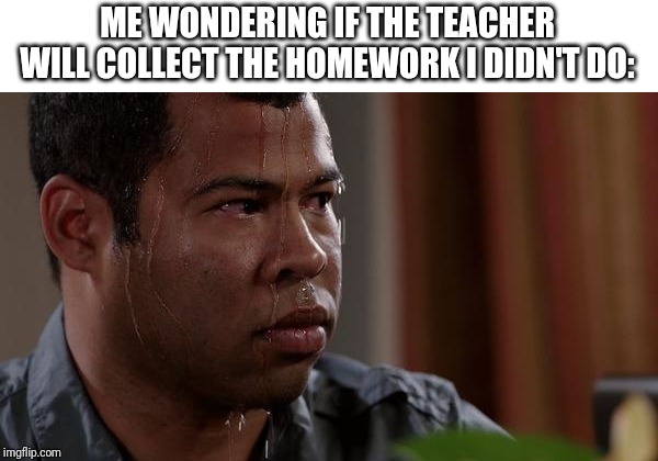 sweating bullets | ME WONDERING IF THE TEACHER WILL COLLECT THE HOMEWORK I DIDN'T DO: | image tagged in sweating bullets | made w/ Imgflip meme maker