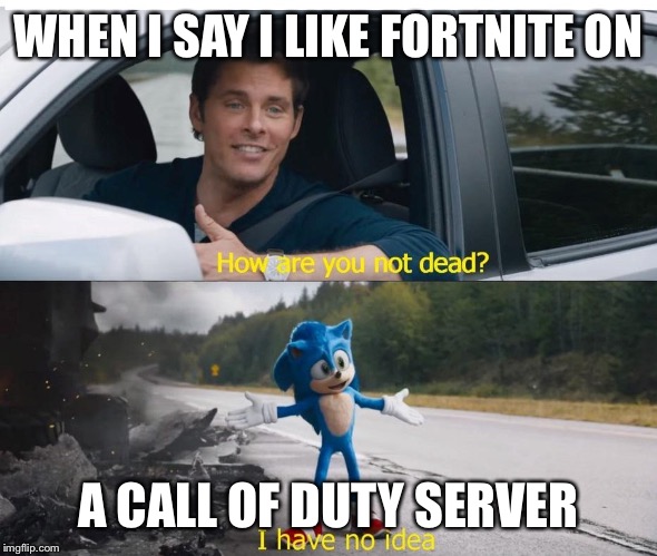 sonic how are you not dead | WHEN I SAY I LIKE FORTNITE ON; A CALL OF DUTY SERVER | image tagged in sonic how are you not dead | made w/ Imgflip meme maker