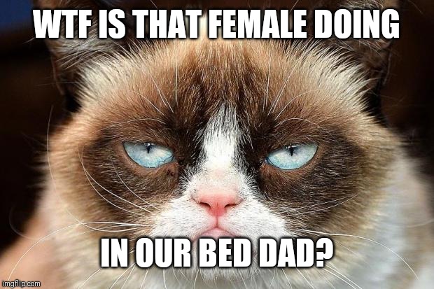 Grumpy Cat Not Amused | WTF IS THAT FEMALE DOING; IN OUR BED DAD? | image tagged in memes,grumpy cat not amused,grumpy cat | made w/ Imgflip meme maker