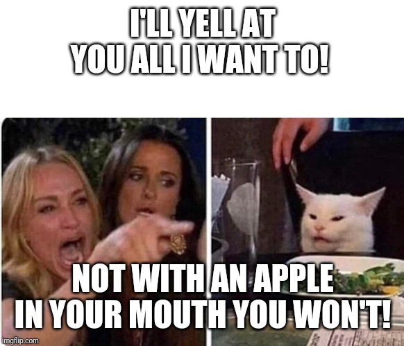 Lady screams at cat | I'LL YELL AT YOU ALL I WANT TO! NOT WITH AN APPLE IN YOUR MOUTH YOU WON'T! | image tagged in lady screams at cat | made w/ Imgflip meme maker