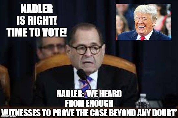 Nadler is Right!!  Time to Vote!!! | NADLER IS RIGHT! TIME TO VOTE! NADLER: ‘WE HEARD FROM ENOUGH WITNESSES TO PROVE THE CASE BEYOND ANY DOUBT’ | image tagged in impeachment,trump | made w/ Imgflip meme maker