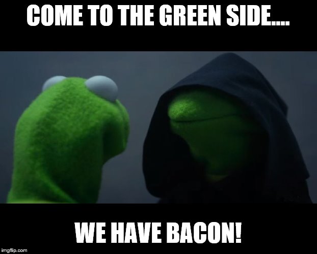 Evil Kermit Meme | COME TO THE GREEN SIDE.... WE HAVE BACON! | image tagged in evil kermit meme | made w/ Imgflip meme maker