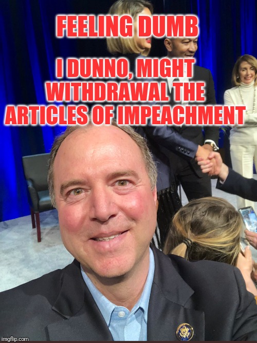 Schiff is going to regret this | FEELING DUMB; I DUNNO, MIGHT WITHDRAWAL THE ARTICLES OF IMPEACHMENT | image tagged in sham schiff show | made w/ Imgflip meme maker