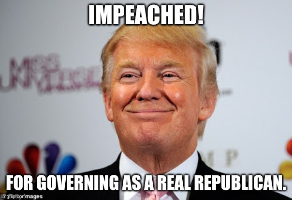 A greater award for the American people than every Oscar, Grammy, Tony or Emmy to people who didn't make the country any better. | IMPEACHED! FOR GOVERNING AS A REAL REPUBLICAN. | image tagged in donald trump approves | made w/ Imgflip meme maker