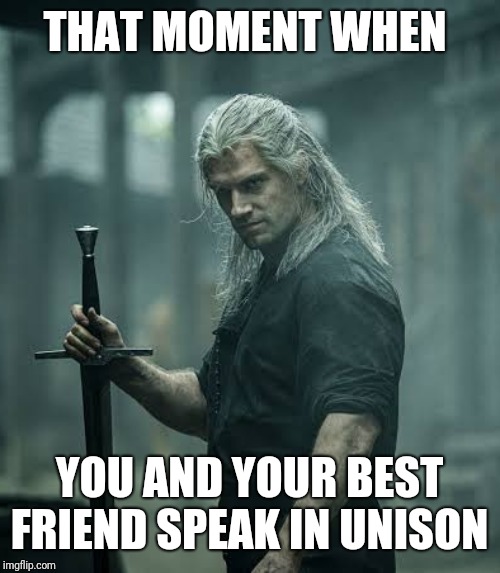 The Witcher | THAT MOMENT WHEN; YOU AND YOUR BEST FRIEND SPEAK IN UNISON | image tagged in the witcher | made w/ Imgflip meme maker
