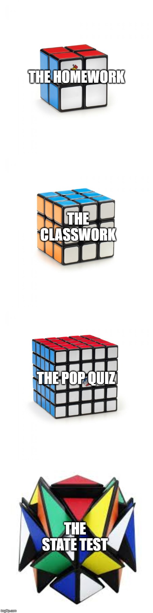 My school year.. | THE HOMEWORK; THE CLASSWORK; THE POP QUIZ; THE STATE TEST | image tagged in meme chain,school | made w/ Imgflip meme maker