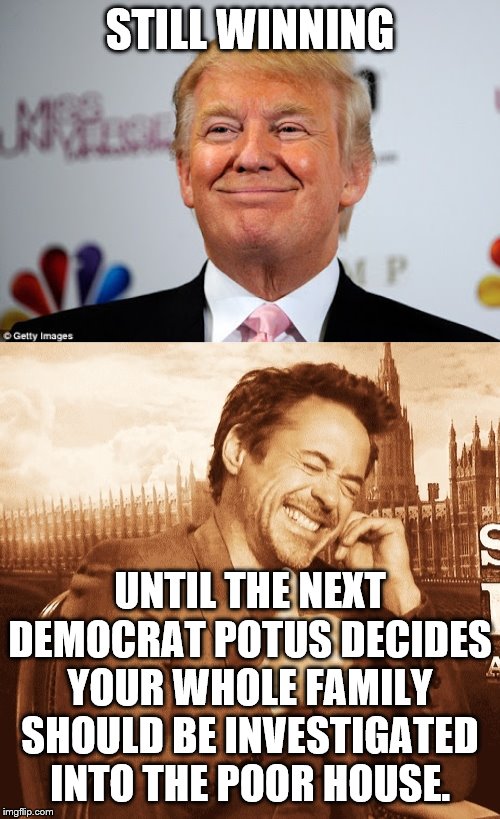 STILL WINNING; UNTIL THE NEXT DEMOCRAT POTUS DECIDES YOUR WHOLE FAMILY SHOULD BE INVESTIGATED INTO THE POOR HOUSE. | image tagged in donald trump approves,laughing | made w/ Imgflip meme maker