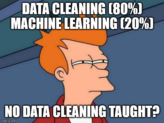 Futurama Fry Meme | DATA CLEANING (80%)
MACHINE LEARNING (20%); NO DATA CLEANING TAUGHT? | image tagged in memes,futurama fry | made w/ Imgflip meme maker