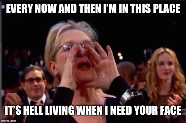 meryl streep | EVERY NOW AND THEN I’M IN THIS PLACE; IT’S HELL LIVING WHEN I NEED YOUR FACE | image tagged in meryl streep | made w/ Imgflip meme maker