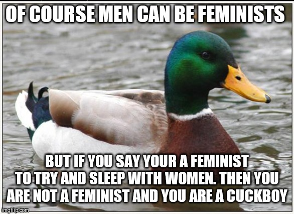Be a feminist just dont expect a reward | OF COURSE MEN CAN BE FEMINISTS; BUT IF YOU SAY YOUR A FEMINIST TO TRY AND SLEEP WITH WOMEN. THEN YOU ARE NOT A FEMINIST AND YOU ARE A CUCKBOY | image tagged in memes,actual advice mallard,feminist,feminism,cuck | made w/ Imgflip meme maker