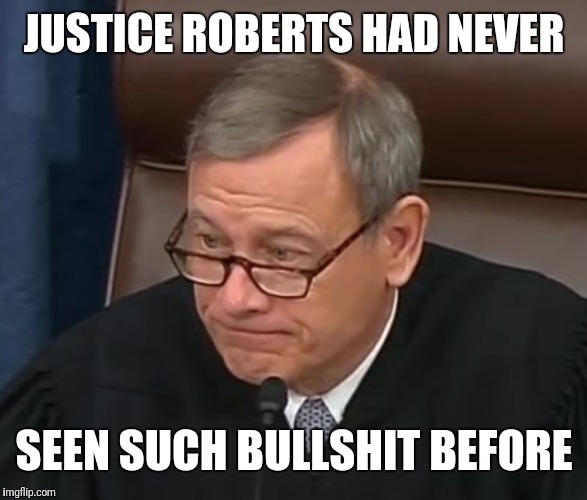 Justice Roberts | JUSTICE ROBERTS HAD NEVER; SEEN SUCH BULLSHIT BEFORE | image tagged in justice roberts | made w/ Imgflip meme maker