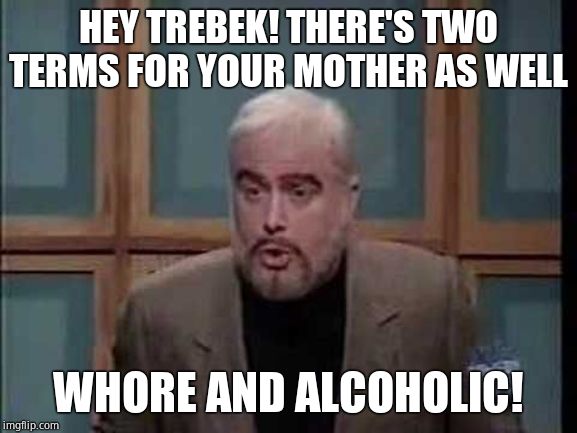 snl jeopardy sean connery | HEY TREBEK! THERE'S TWO TERMS FOR YOUR MOTHER AS WELL W**RE AND ALCOHOLIC! | image tagged in snl jeopardy sean connery | made w/ Imgflip meme maker