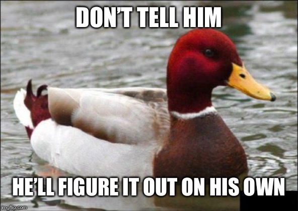Malicious Advice Mallard Meme | DON’T TELL HIM HE’LL FIGURE IT OUT ON HIS OWN | image tagged in memes,malicious advice mallard | made w/ Imgflip meme maker