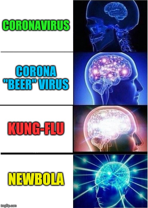 Expanding Brain | CORONAVIRUS; CORONA "BEER" VIRUS; KUNG-FLU; NEWBOLA | image tagged in memes,expanding brain | made w/ Imgflip meme maker