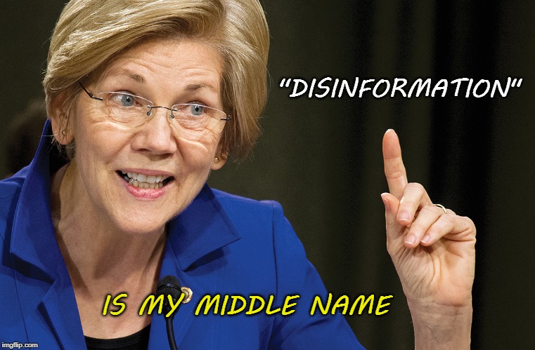 Elizabeth Disinformation Warren | "DISINFORMATION"; IS MY MIDDLE NAME | image tagged in elizabeth warren,disinformation,lies,liberals,democrats | made w/ Imgflip meme maker