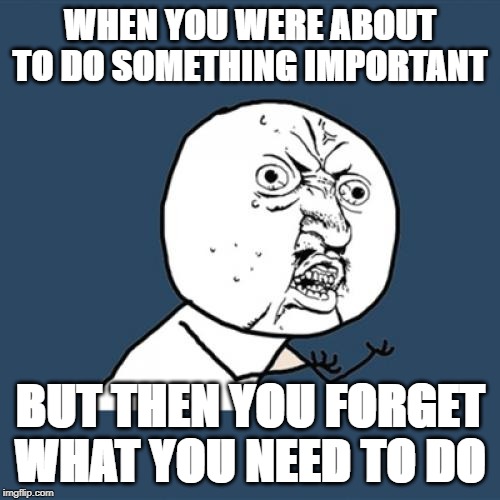 Y U No | WHEN YOU WERE ABOUT TO DO SOMETHING IMPORTANT; BUT THEN YOU FORGET WHAT YOU NEED TO DO | image tagged in memes,y u no | made w/ Imgflip meme maker