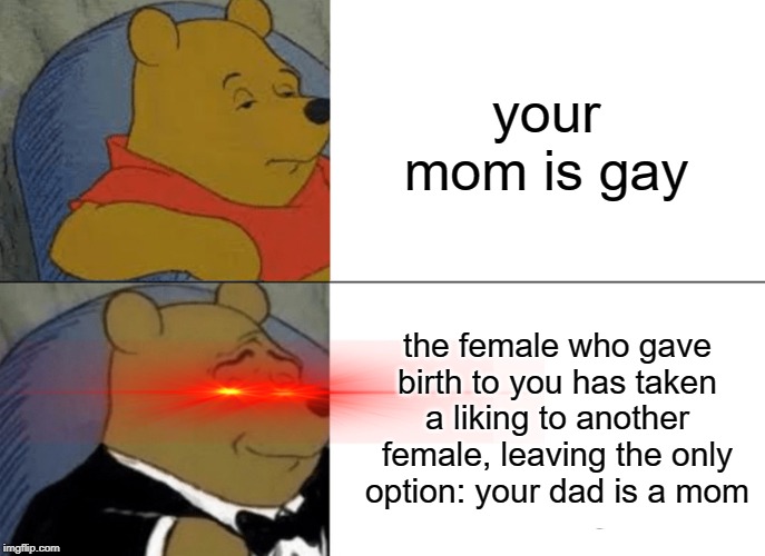 Tuxedo Winnie The Pooh | your mom is gay; the female who gave birth to you has taken a liking to another female, leaving the only option: your dad is a mom | image tagged in memes,tuxedo winnie the pooh | made w/ Imgflip meme maker