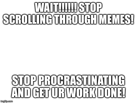 Just stop | WAIT!!!!!! STOP SCROLLING THROUGH MEMES! STOP PROCRASTINATING AND GET UR WORK DONE! | image tagged in blank white template | made w/ Imgflip meme maker