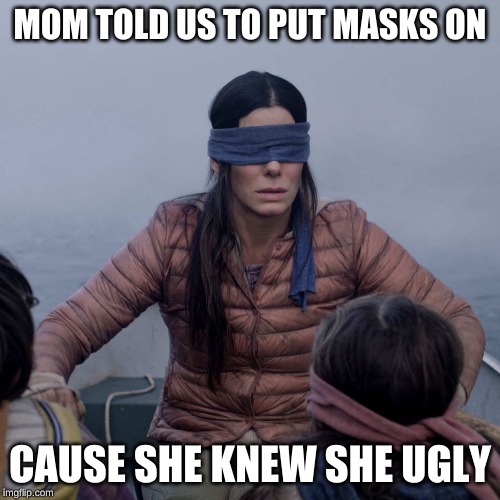 Bird Box Meme | MOM TOLD US TO PUT MASKS ON; CAUSE SHE KNEW SHE UGLY | image tagged in memes,bird box | made w/ Imgflip meme maker