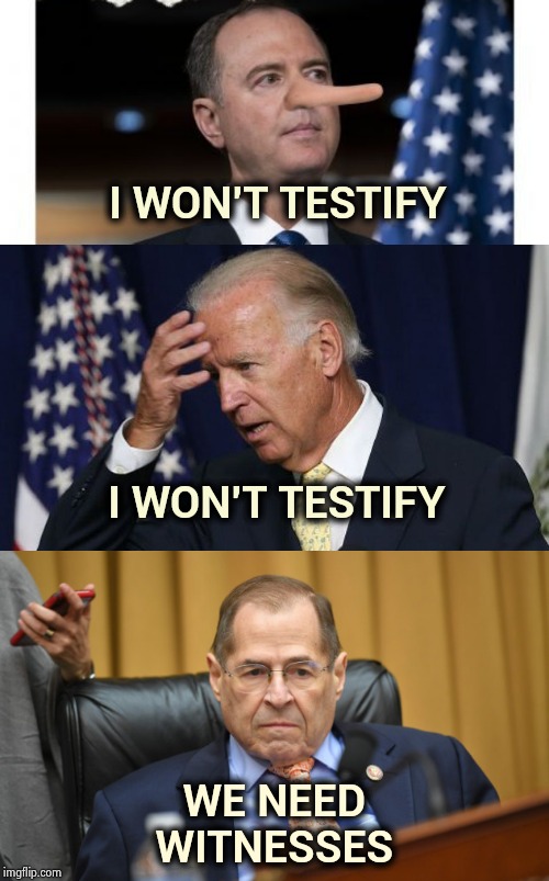 Even with a shill for a Chief Justice it's still over | I WON'T TESTIFY; I WON'T TESTIFY; WE NEED WITNESSES | image tagged in joe biden worries,jerry nadler,corrupt,stacked deck,cheaters,don't win | made w/ Imgflip meme maker