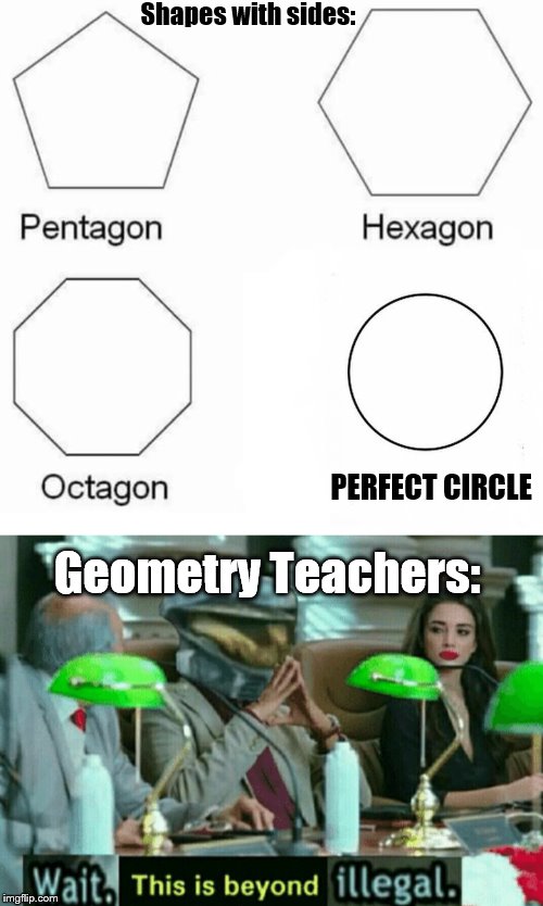 Pentagon Hexagon Octagon PERFECT CIRCLE | Shapes with sides:; PERFECT CIRCLE; Geometry Teachers: | image tagged in memes,pentagon hexagon octagon,perfection,circle,wait thats illegal | made w/ Imgflip meme maker