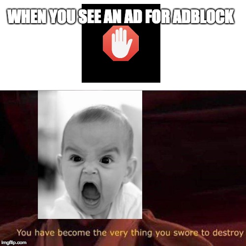 You have become the very thing you swore to destroy | WHEN YOU SEE AN AD FOR ADBLOCK | image tagged in you have become the very thing you swore to destroy | made w/ Imgflip meme maker