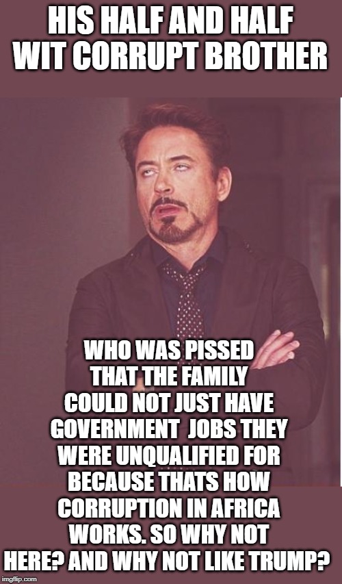 Face You Make Robert Downey Jr Meme | HIS HALF AND HALF WIT CORRUPT BROTHER WHO WAS PISSED THAT THE FAMILY COULD NOT JUST HAVE GOVERNMENT  JOBS THEY WERE UNQUALIFIED FOR BECAUSE  | image tagged in memes,face you make robert downey jr | made w/ Imgflip meme maker