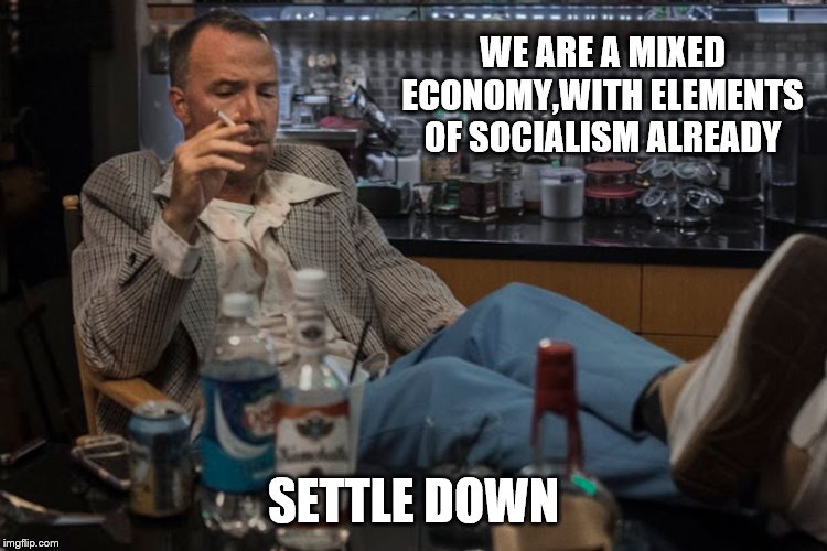 WE ARE A MIXED ECONOMY,WITH ELEMENTS OF SOCIALISM ALREADY SETTLE DOWN | made w/ Imgflip meme maker
