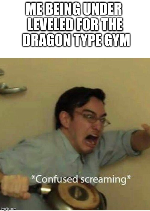 confused screaming | ME BEING UNDER 
LEVELED FOR THE
 DRAGON TYPE GYM | image tagged in confused screaming | made w/ Imgflip meme maker