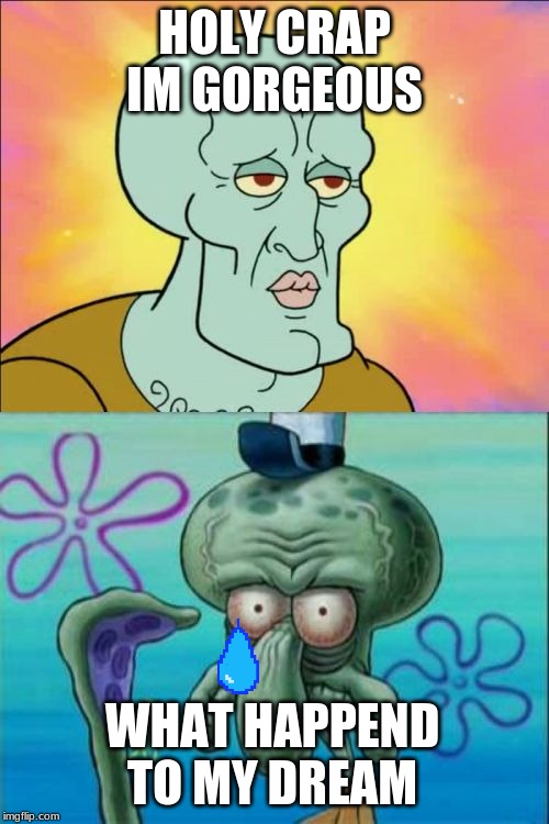 Squidward Meme | HOLY CRAP IM GORGEOUS; WHAT HAPPEND TO MY DREAM | image tagged in memes,squidward | made w/ Imgflip meme maker