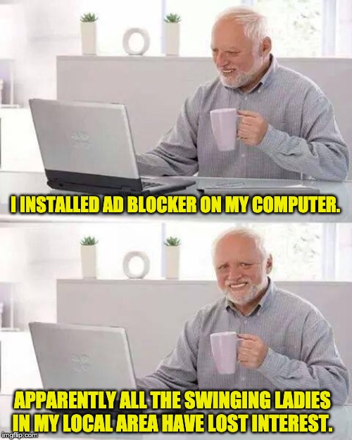Hide the Pain Harold | I INSTALLED AD BLOCKER ON MY COMPUTER. APPARENTLY ALL THE SWINGING LADIES IN MY LOCAL AREA HAVE LOST INTEREST. | image tagged in memes,hide the pain harold | made w/ Imgflip meme maker