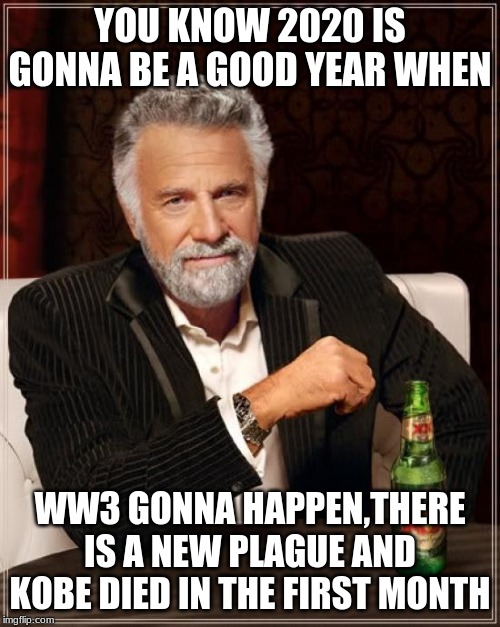 The Most Interesting Man In The World Meme | YOU KNOW 2020 IS GONNA BE A GOOD YEAR WHEN; WW3 GONNA HAPPEN,THERE IS A NEW PLAGUE AND KOBE DIED IN THE FIRST MONTH | image tagged in memes,the most interesting man in the world | made w/ Imgflip meme maker