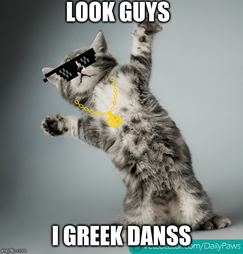 cat dancing | LOOK GUYS; I GREEK DANSS | image tagged in cat dancing | made w/ Imgflip meme maker