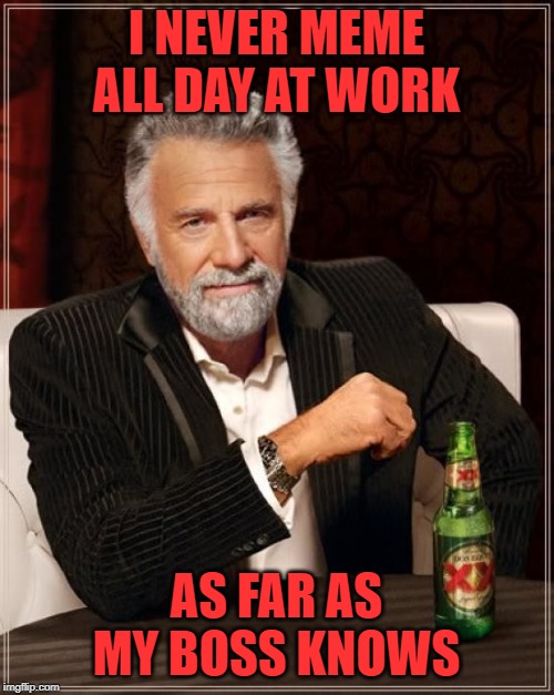 The Most Interesting Man In The World Meme | I NEVER MEME ALL DAY AT WORK AS FAR AS MY BOSS KNOWS | image tagged in memes,the most interesting man in the world | made w/ Imgflip meme maker