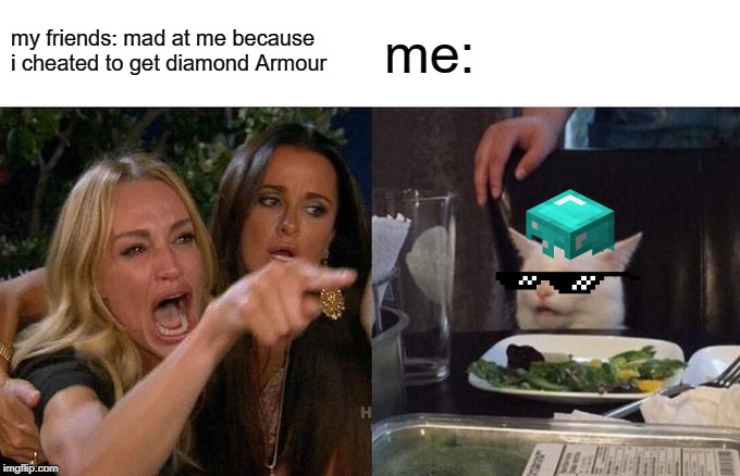 Woman Yelling At Cat | my friends: mad at me because i cheated to get diamond Armour; me: | image tagged in memes,woman yelling at cat | made w/ Imgflip meme maker