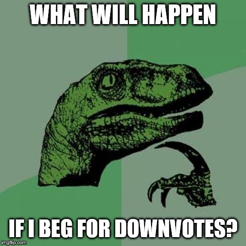 just wondering | WHAT WILL HAPPEN; IF I BEG FOR DOWNVOTES? | image tagged in memes,philosoraptor,downvote | made w/ Imgflip meme maker