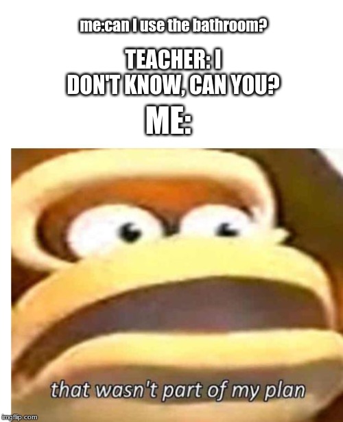 That wasn't part of my plan | me:can I use the bathroom? TEACHER: I DON'T KNOW, CAN YOU? ME: | image tagged in that wasn't part of my plan | made w/ Imgflip meme maker