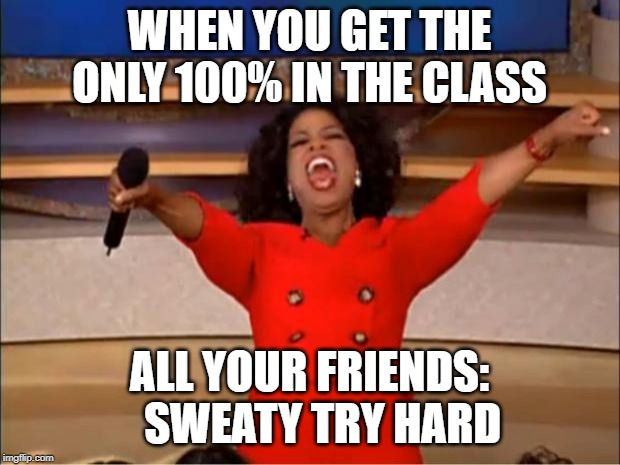Oprah You Get A | WHEN YOU GET THE ONLY 100% IN THE CLASS; ALL YOUR FRIENDS:    SWEATY TRY HARD | image tagged in memes,oprah you get a | made w/ Imgflip meme maker