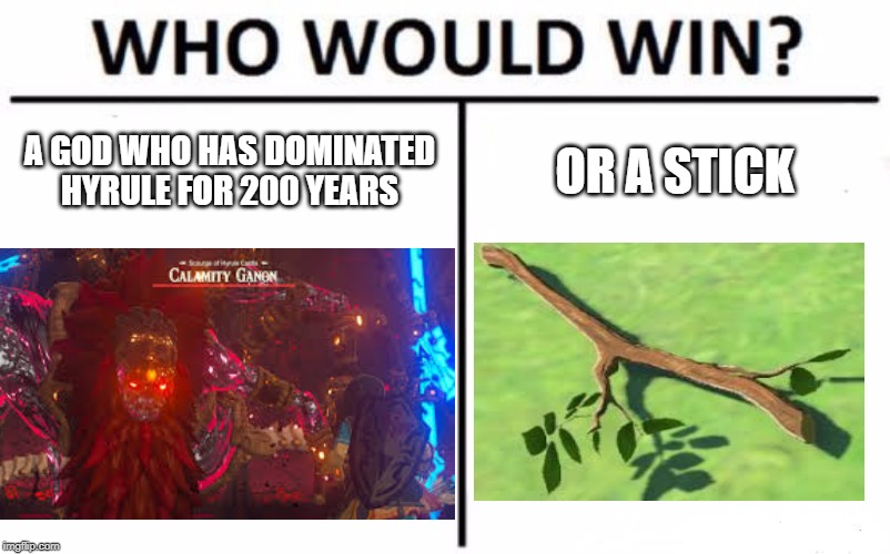 Who Would Win? Meme | A GOD WHO HAS DOMINATED HYRULE FOR 200 YEARS; OR A STICK | image tagged in memes,who would win | made w/ Imgflip meme maker