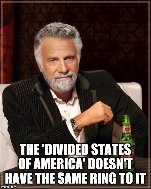 The Most Interesting Man In The World Meme | THE 'DIVIDED STATES OF AMERICA' DOESN'T HAVE THE SAME RING TO IT | image tagged in memes,the most interesting man in the world | made w/ Imgflip meme maker