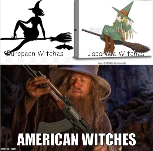 Witches | European Witches            Japanese Witches; AMERICAN WITCHES | image tagged in memes,funny memes,funny meme,fun,funny,meme | made w/ Imgflip meme maker