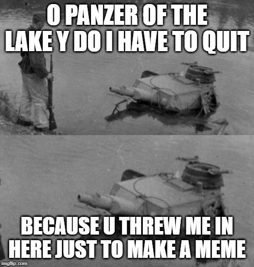 Panzer of the lake | O PANZER OF THE LAKE Y DO I HAVE TO QUIT; BECAUSE U THREW ME IN HERE JUST TO MAKE A MEME | image tagged in panzer of the lake | made w/ Imgflip meme maker