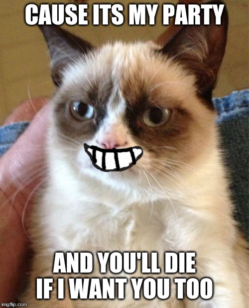 DONT GIVE GRUMPY A KNIFE | CAUSE ITS MY PARTY; AND YOU'LL DIE IF I WANT YOU TOO | image tagged in memes,grumpy cat | made w/ Imgflip meme maker