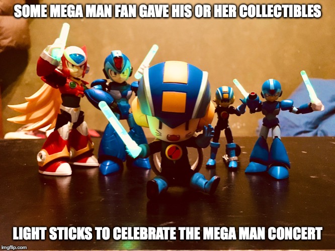 Mega Man Collectibles With Light Sticks | SOME MEGA MAN FAN GAVE HIS OR HER COLLECTIBLES; LIGHT STICKS TO CELEBRATE THE MEGA MAN CONCERT | image tagged in megaman,memes | made w/ Imgflip meme maker