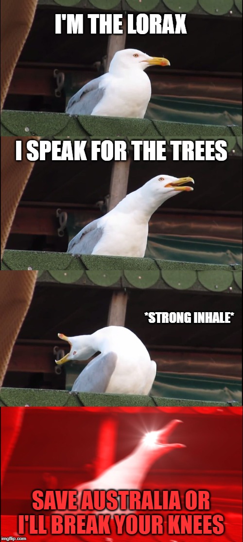 Inhaling Seagull Meme | I'M THE LORAX; I SPEAK FOR THE TREES; *STRONG INHALE*; SAVE AUSTRALIA OR I'LL BREAK YOUR KNEES | image tagged in memes,inhaling seagull | made w/ Imgflip meme maker